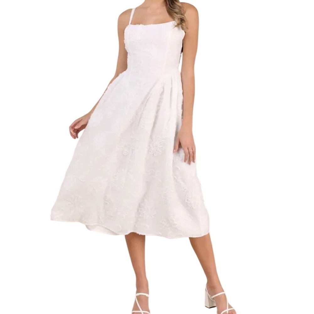 NWT Lulus Teodora White Floral Applique Lace-Up Back Midi Dress M Corset Bridal